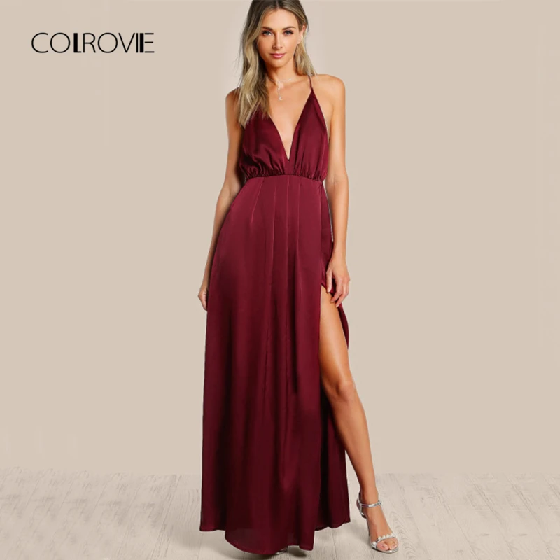 COLROVIE, макси, вечерние платья, женское, розовое, с глубоким вырезом, сексуальное, с перекрестной спинкой, с высоким разрезом, летние платья, элегантные, Клубные, длинные, на бретельках, платье