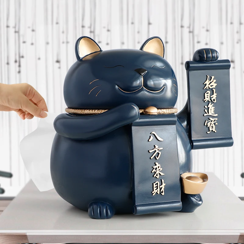 Статуя счастливая кошка из смолы с коробкой для салфеток настольного декора фэн