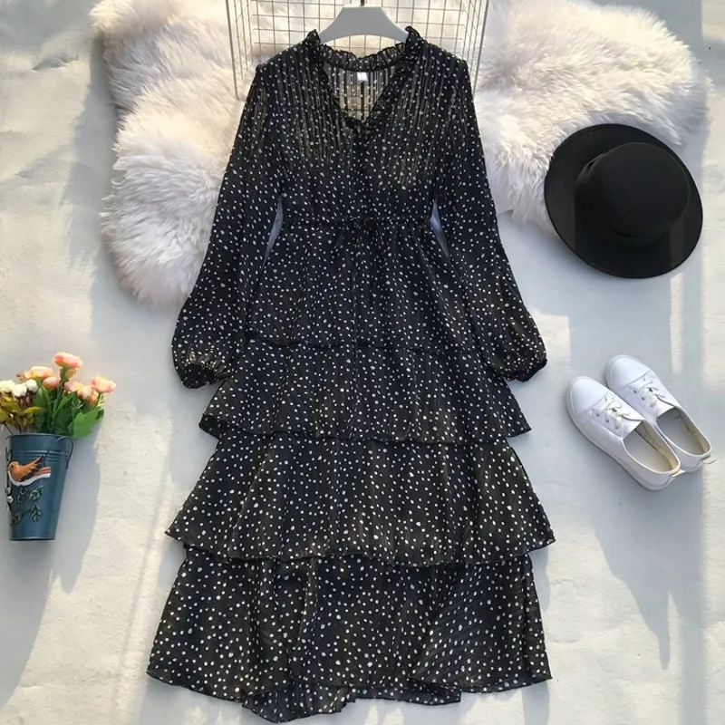 mid-calf Women Dress Ruffles Print Polka Dot vintage Bodycon Beach Female Full Sleeve Summer Party 2019 Dresses Vestidos | Женская