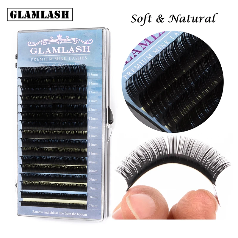 

GLAMLASH 16rows/case 7~15mm mix premium Lash natural synthetic mink individual eyelash extension makeup maquiagem cilios