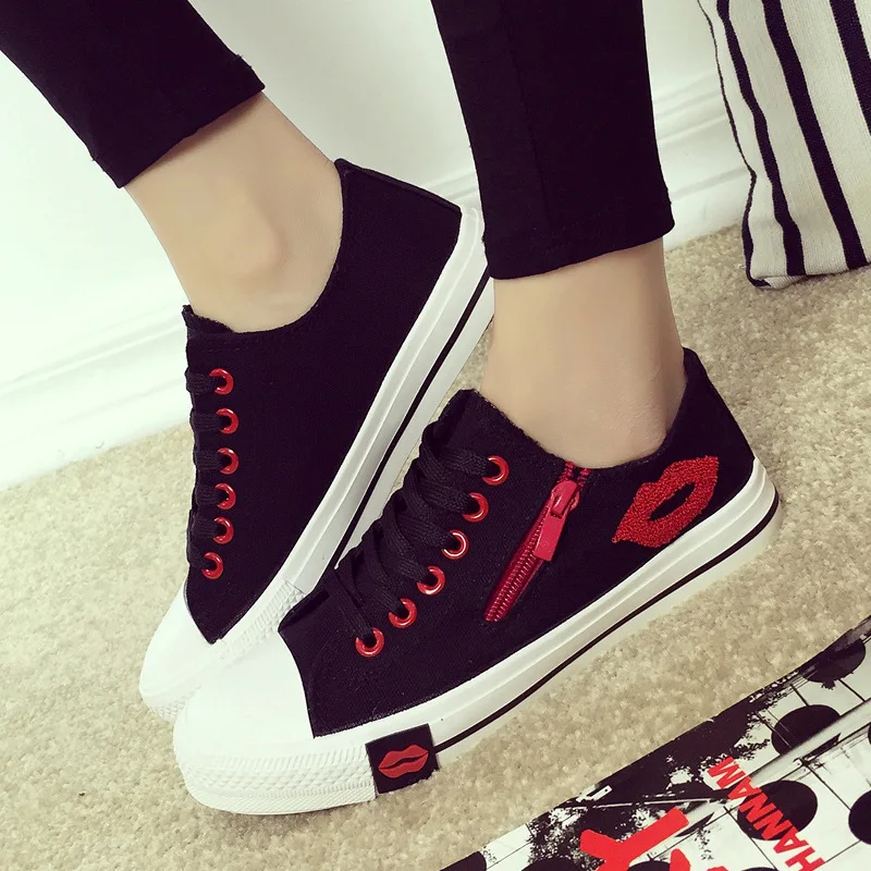 Tfsland Women Red Lips Zipper Canvas Shoes Female Lace Running Student Flat Soft Walking Sneakers Zapatillas Hombre | Спорт и