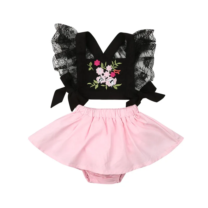 Комплекты модной детской одежды для маленьких девочек Кружевной укороченный топ