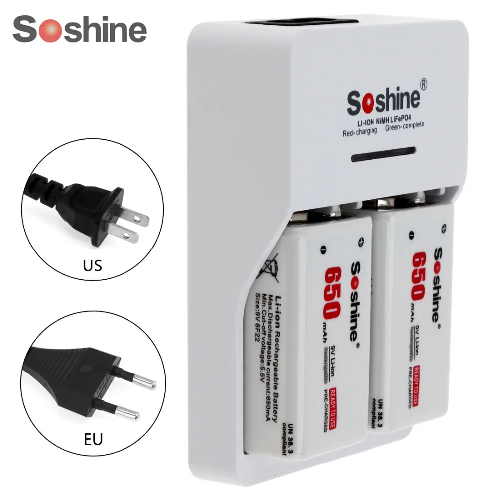 2шт Soshine 650mAh 9V 6F22 аккумуляторная батарея + умный Ni MH литий ионный аккумулятор