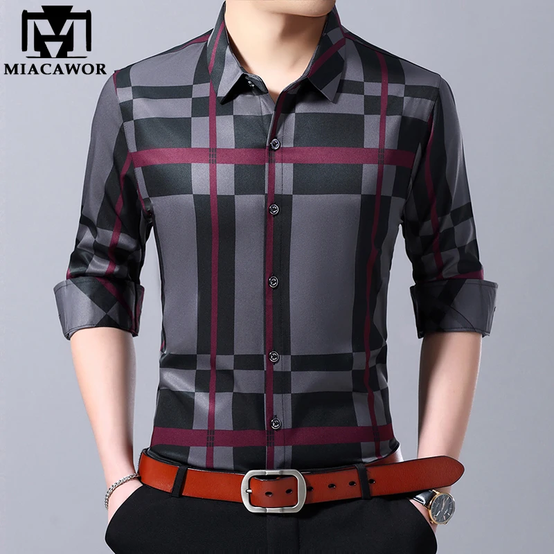 Мужская рубашка с длинным рукавом MIACAWOR повседневная приталенная в клетку модель