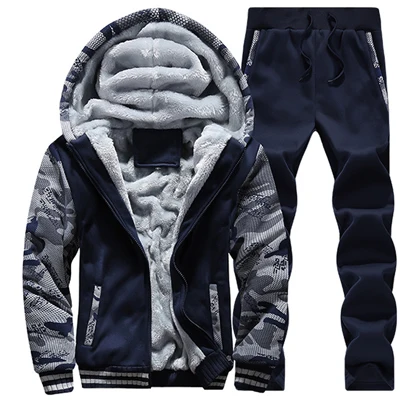 Dark Blue Зимние флисовые толстовки, мужские толстовки, мужские толстовки с капюшоном и штанами, мужские куртки с капюшоном, повседневные мужские спортивные костюмы, худи на молнии - Цвет: Dark Blue