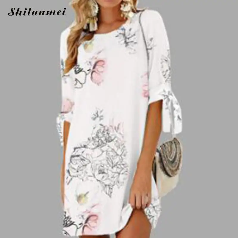 2018 женское летнее платье бохо стиль цветочный принт шифоновое пляжное Туника