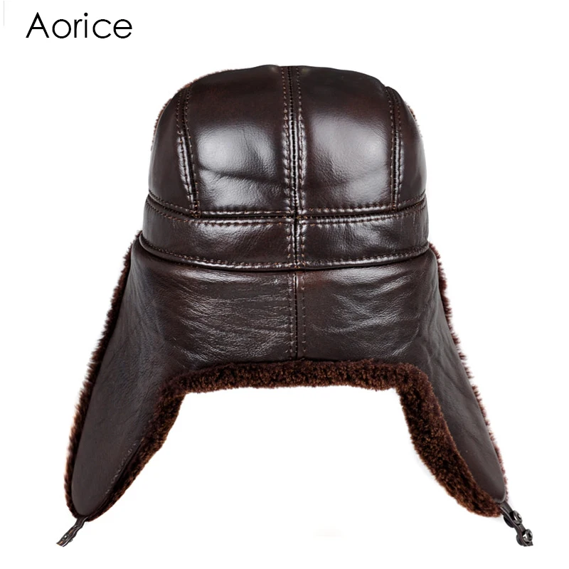 Aorice Genuine Real Leather Men's Bomber Hats Earlflap Foldable Russian Winter Warm Fur Earmuffs Caps Gorro Aviador HL174-F