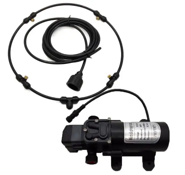 

12V DC pump with garden mist fan ring assembled on the electric fan black hose brass nozzle summer hot selling