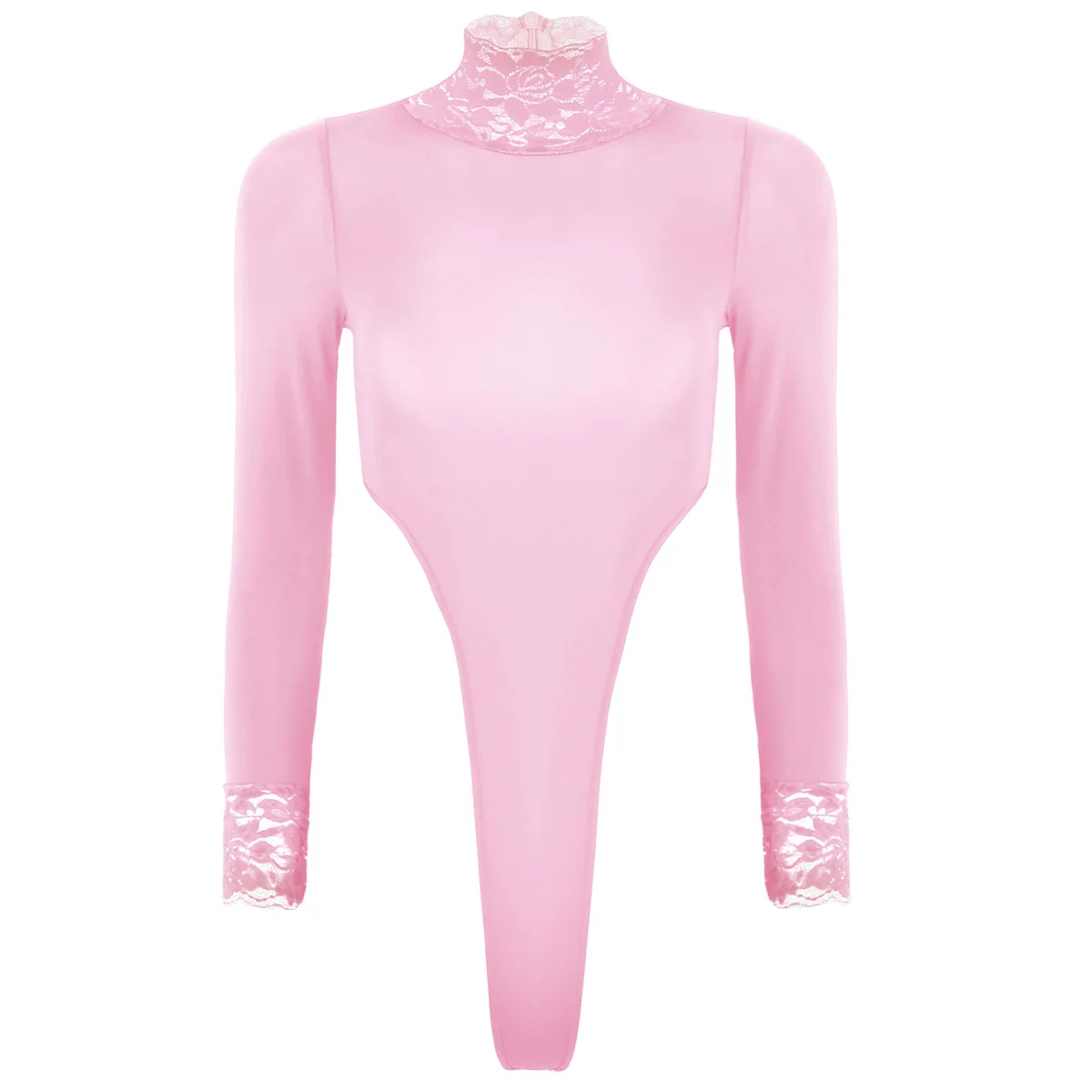 Pink Сексуальный женский фетиш комбинезон боди белье боди прозрачное с длинным рукавом Водолазка крюк промежность с высоким вырезом Майка стринги трико боди - Цвет: Pink