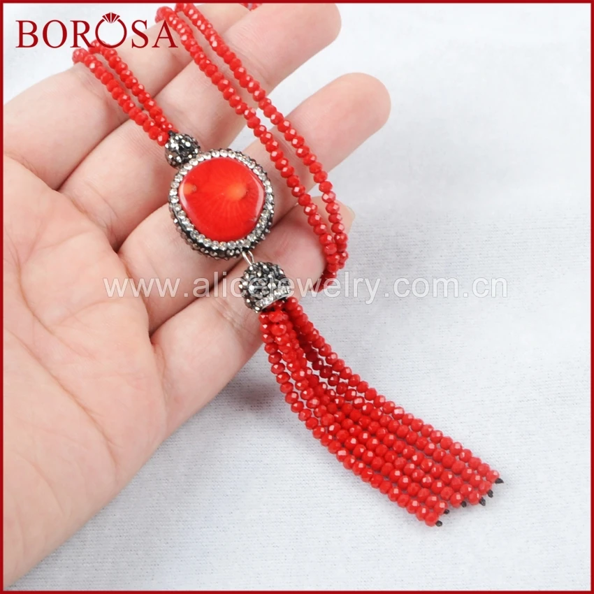 BOROSA круглое коралловое ожерелье ручная работа стразы 27 дюймов с Красной
