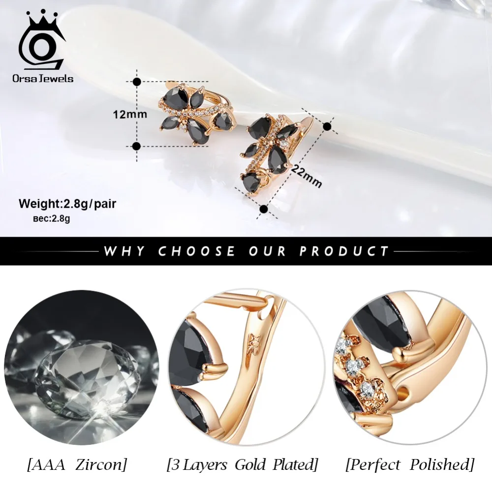 ORSA JEWELS роскошные женские серьги-гвоздики благородный AAA черный кубический цирконий золотого цвета очаровательные серьги Модные женские ювелирные изделия OME56-B