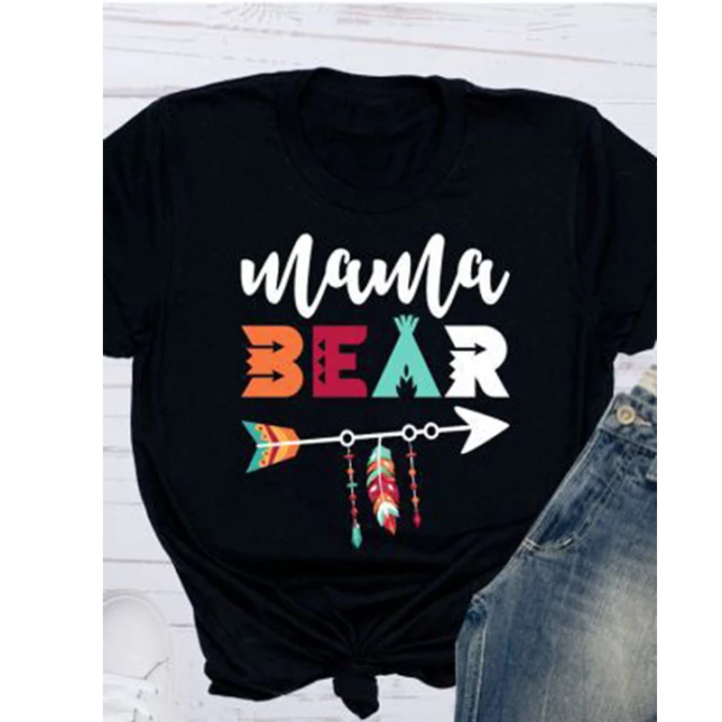 Mama Bear/Модная женская футболка с короткими рукавами и принтом перьев повседневная