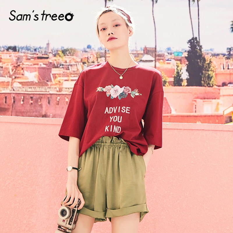 Samstree, женские летние футболки с буквенным принтом, короткий рукав, верх размера, принт вина, футболки размера плюс, хлопок, футболка, женский свободный топ