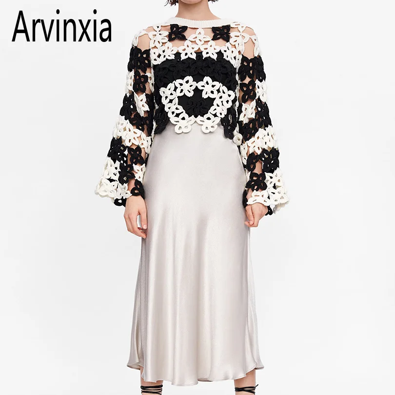 Arvinxia ZA Fashion Floral Hollow Out Long Sleeve Woman Sweaters New Loose O Neck Women Pullovers Sexy High Waist Femme Pullover | Женская