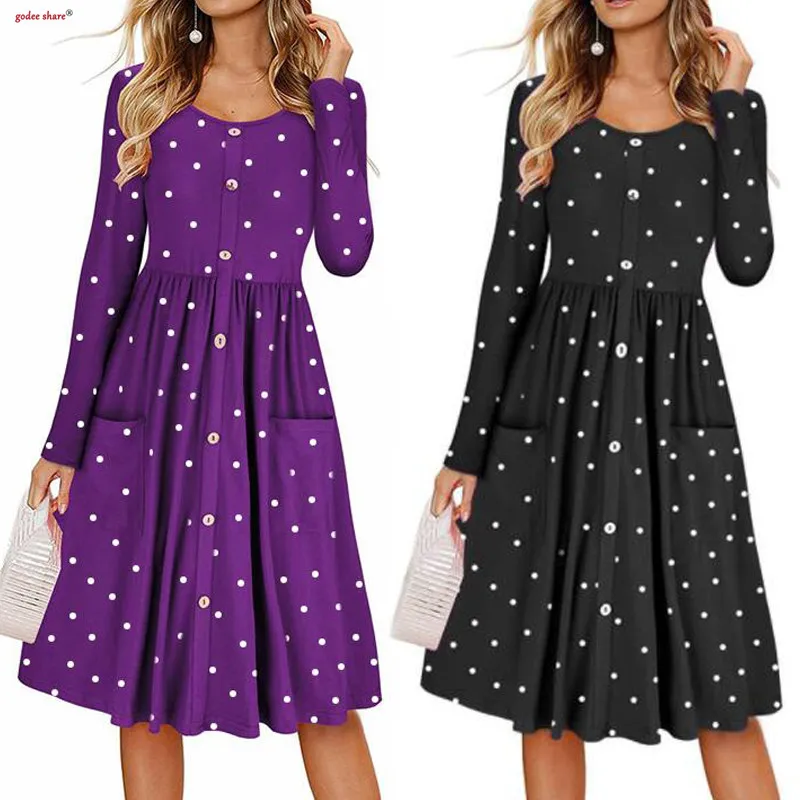 2019 весенние женские платья с пуговицами и принтом в горошек платье круглым
