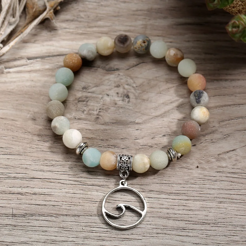 FineToo Vintage Matte Natural Stone Beads Wave Bracelets for Women Men Handmade Elastic Beaded Bracelet Ocean Beach Jewelry | Украшения и