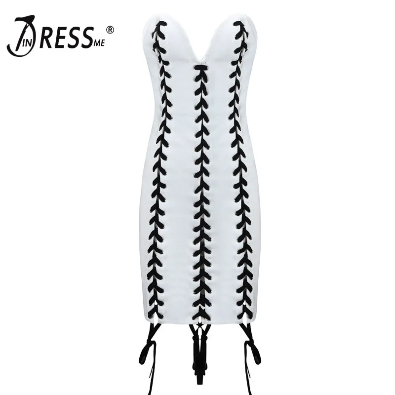 

INDRESSME Women Bandage Party Dress Sexy Strapless Deep V Slash Neck Lace Up Backless Bandage Summer Dress Club 2019 New