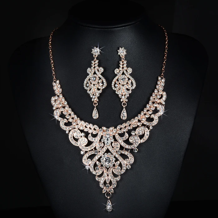 SLBRIDAL розовое золото стразы кристаллы Свадебные украшения Набор ожерелье серьги