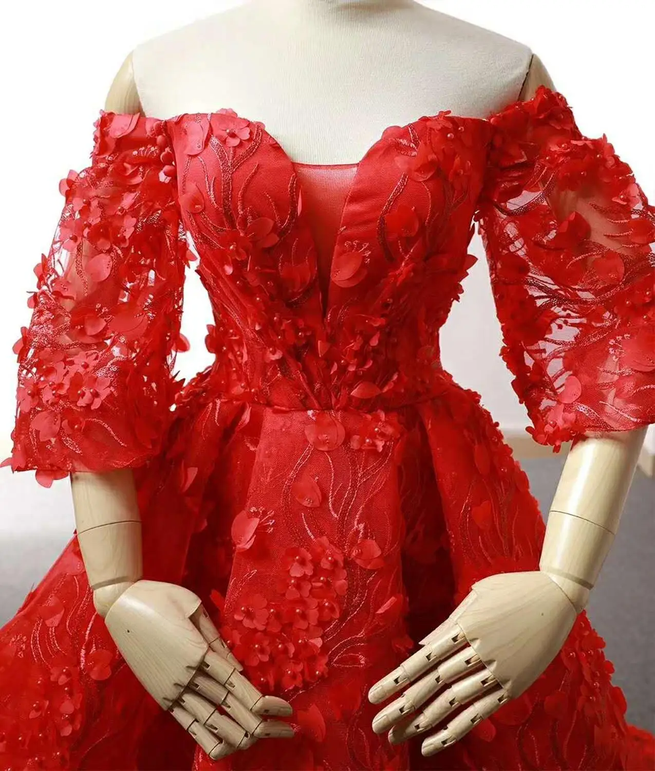 J66621 jancember bridal red evening dress sweetheart sleeve flowers bridal wedding party dress short train robe rouge de soir e