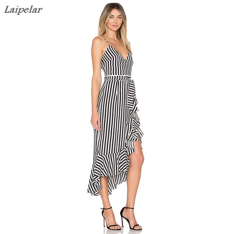 

Laipelar Stripe Ruffles Casual Asymmetrical Dress Summer Women Dress Elegant Women Ankle Sleeveless Sexy Dresses clothes