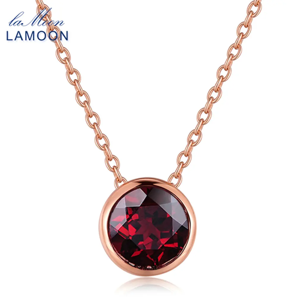 LAMOON Long Pendant Necklace 925 Sterling Silver Jewelry 7mm 1.5ct Natural Gemstone Red Rubin Garnet Pendants Simple Necklaces | Украшения