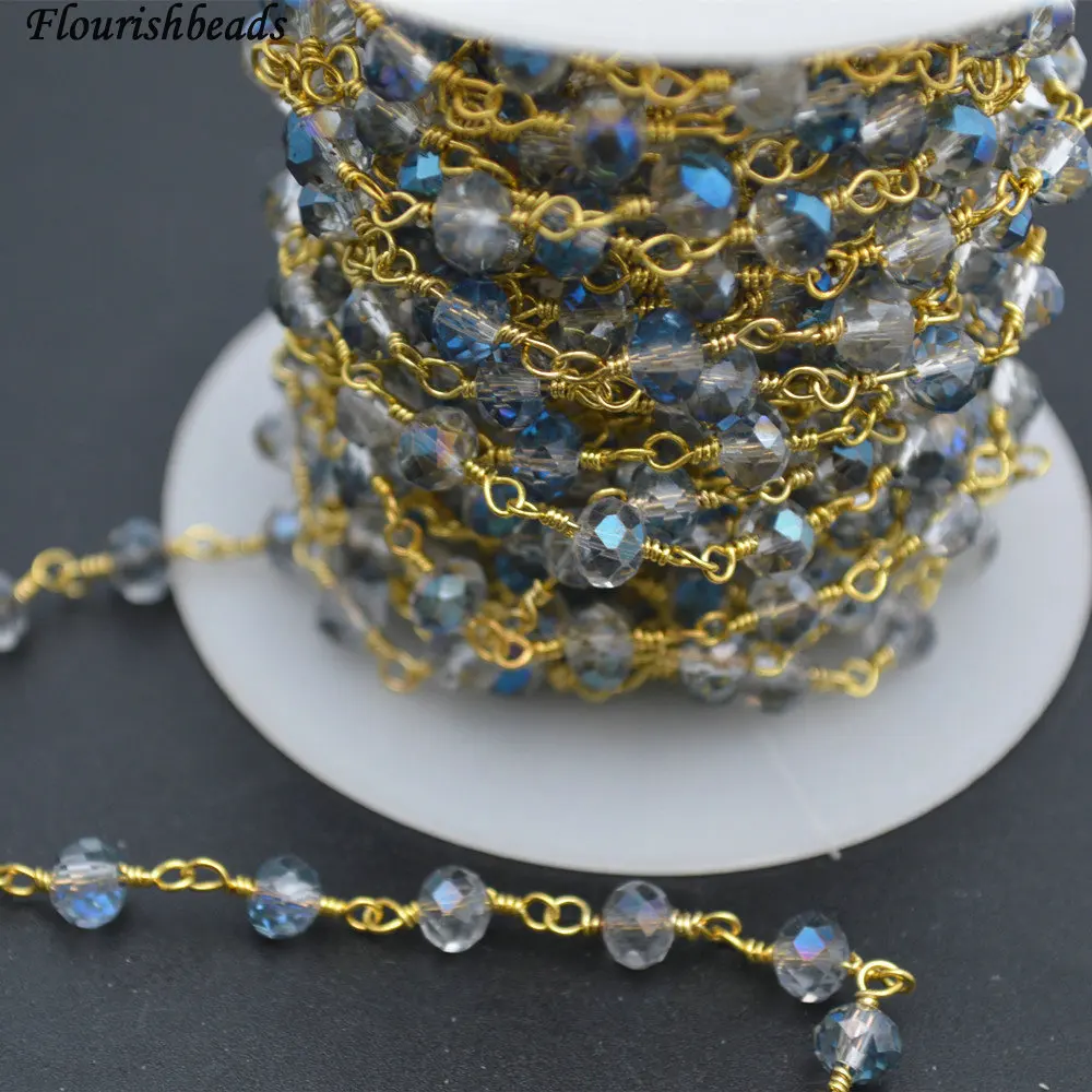 

10 Meters Anti-Rust Gold Color Wire Linked 2X4mm / 4x6mm Faceted Ligth Blue Glass Rondelle Beads Necklace Chains