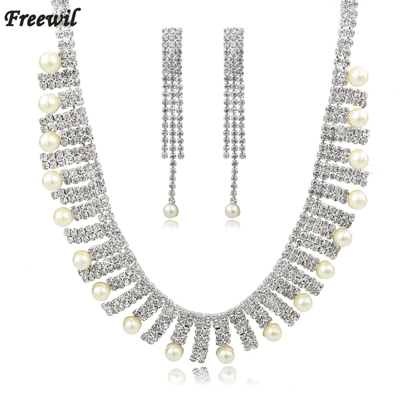 

Crystal Simulated Pearl Choker Necklaces Silver Color Chain Tassel Stud Earrings Wedding Jewelry Sets For Women Set150075112