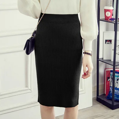 Autumn Women Knitted High Waist Skirts Knee-Length Pencil Skirt Vintage Package Hip Wool Jupe Femme Faldas Mujer | Женская одежда