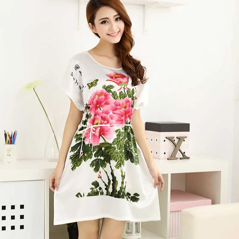 2017 Модные Женские Летние Шелковые Ночные Рубашки Женский Печати Шею С Коротким