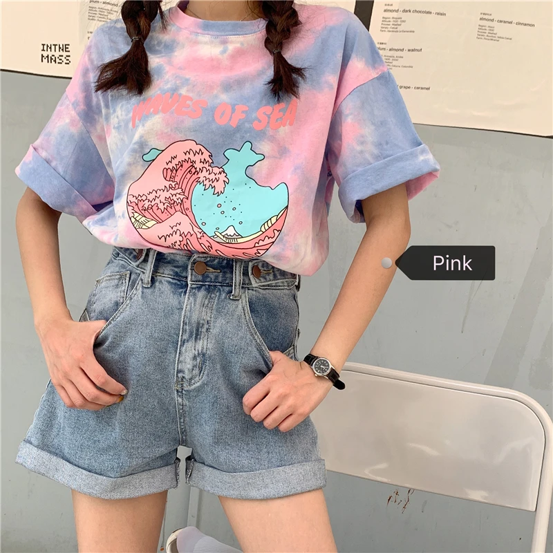 Woherb, Harajuku, футболка с принтом Tie Dye, повседневные летние топы, женские футболки с принтом мультяшных букв, Женская Эстетическая одежда 22528