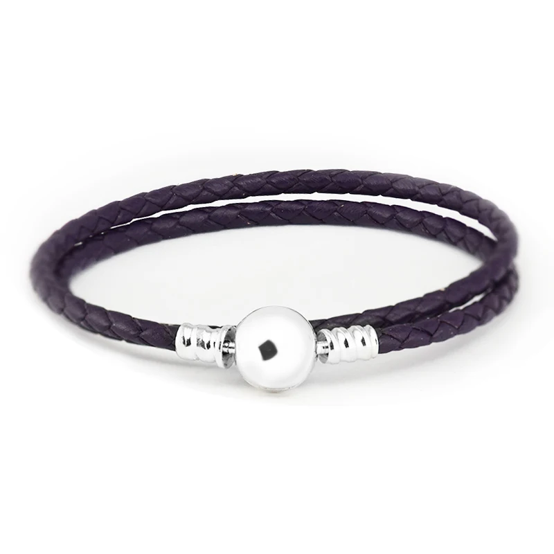 

Genuine 925 Sterling Silver Charm Bracelets Dark Purple Braided Double-Leather Bracelet for Women DIY Charms Jewelry Making