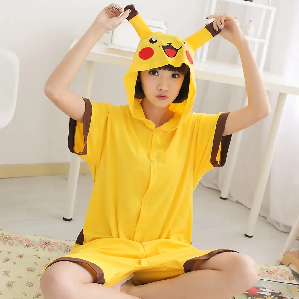 Poke mon Pika chu Anime Cosplay Costume Summer Jumpsuit Short Sleeve Cartoon Animal Pajamas Pyjamas Onesie for Adults Sleepwear |