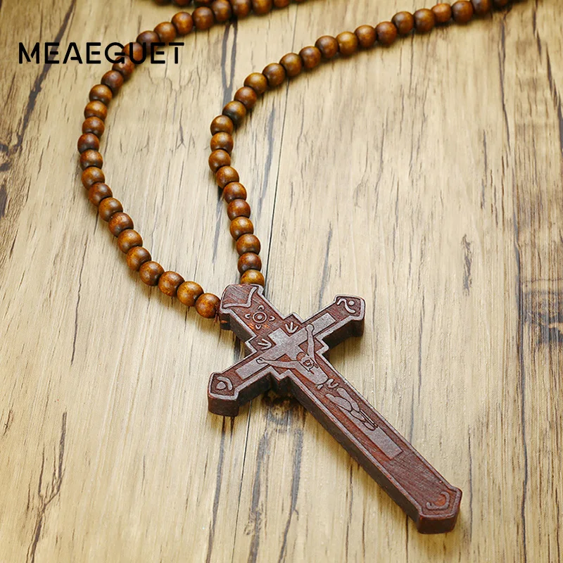 Large Wooden Catholic Jesus Men's Cross with Carved Rosary Pendant Long Collier Statement Necklace image 4