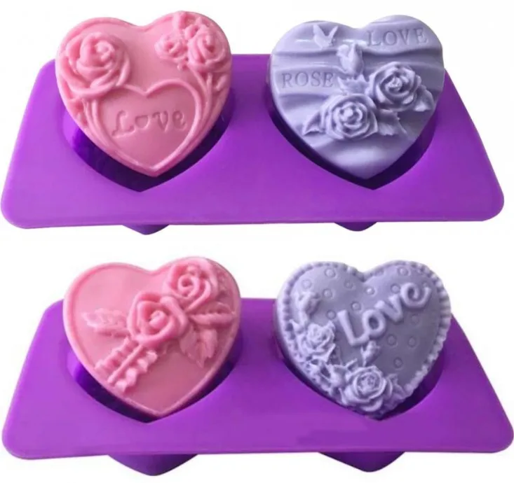 

Luyou 1pcs Silicone handmade soap mold LOVE rose pattern 2 heart-shaped flower pattern Fondant Cake Mold FM1832