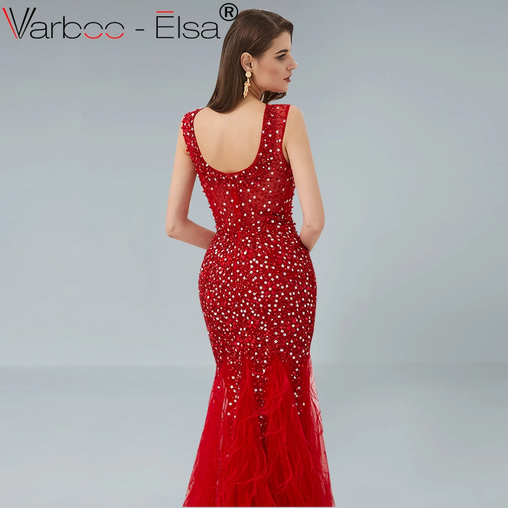 Женское вечернее платье VARBOO_ELSA Красное длинное с открытой спиной и кристаллами