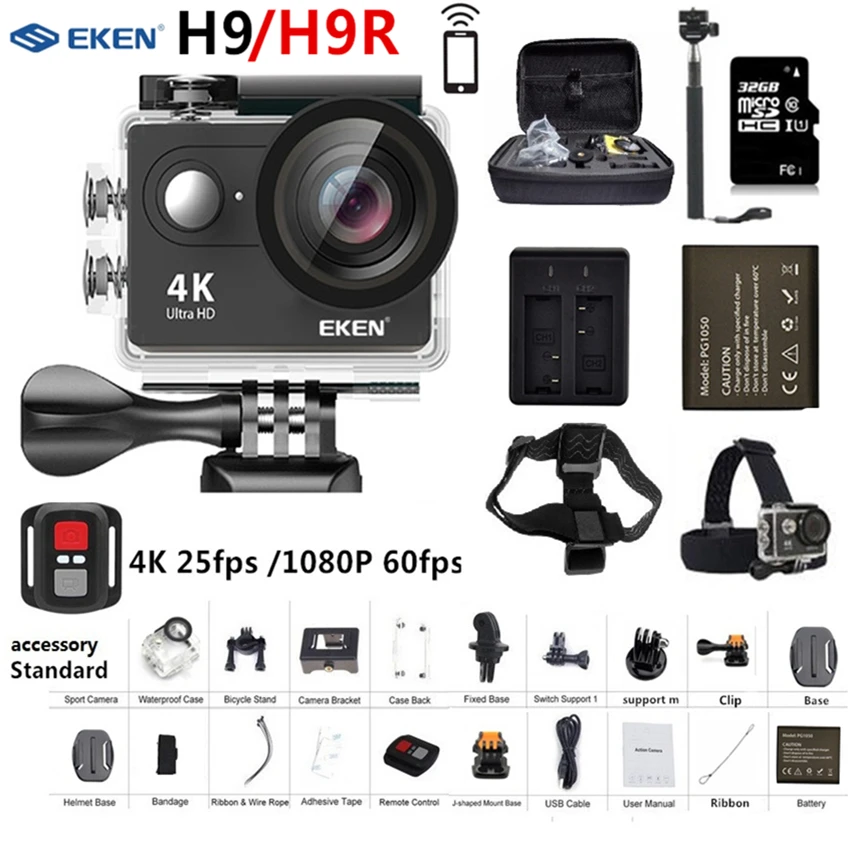 Оригинальная Экшн камера EKEN H9 H9R Ultra HD 4K 25fps 1080P 60fps WiFi 2 170D go Mini Pro подводный