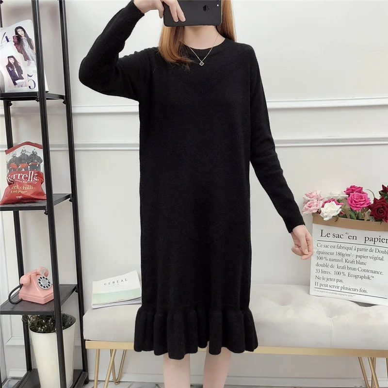 chic Winter Black Sweater Dress Women O-neck Long Sleeve Mid-Calf thick Knit Dress bodycon female slim girl short dress