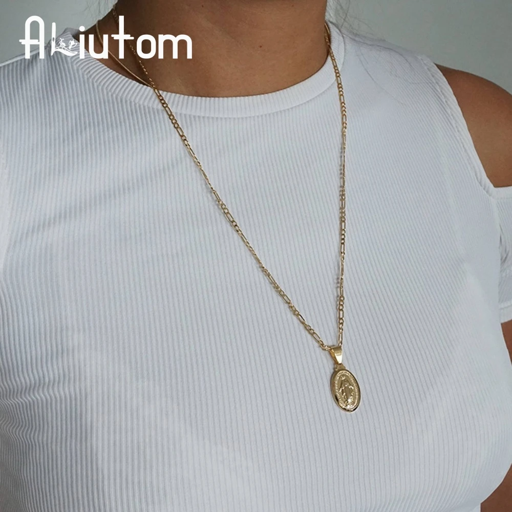 Золотистый медальон ALIUTOM ожерелье Девы Марии унисекс с монетами длинное для