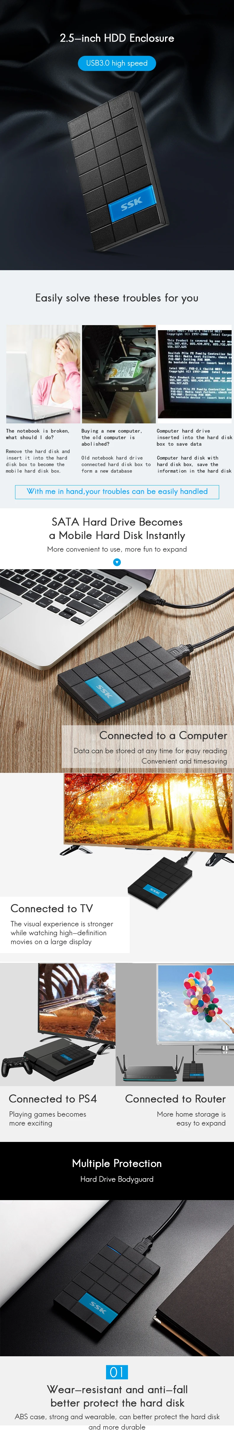 SSK HDD чехол 2,5 дюймов SATA to USB3.0 корпус SSD, HDD адаптер для типа C коробка для жесткого диска внешний HDD высокоскоростной Черный 080