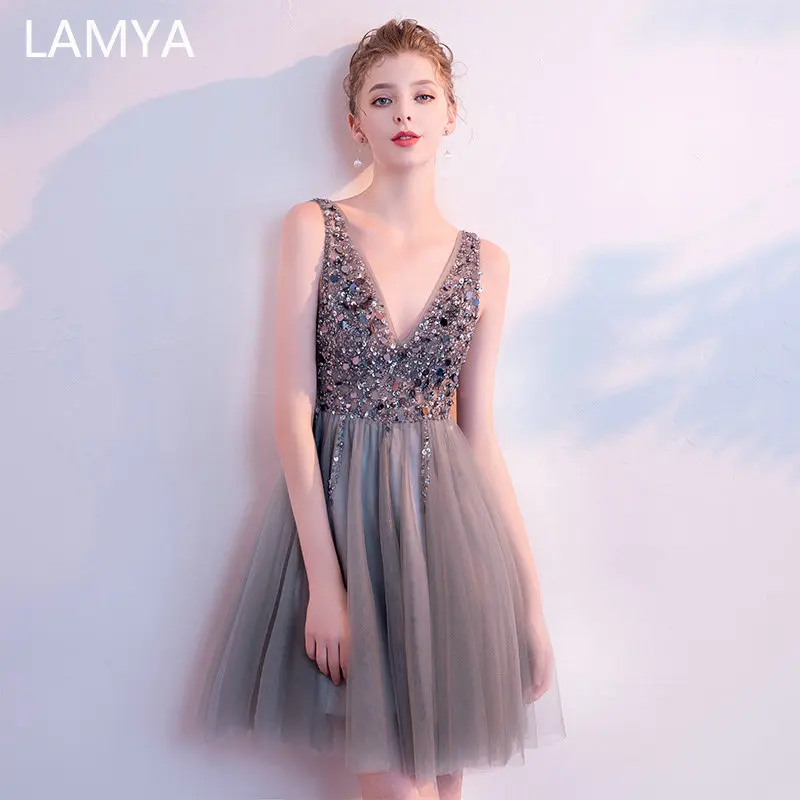 LAMYA с открытой спиной Бисероплетение официальное платье из тюли роскошное вечернее платье с v-образным вырезом Короткое платье для выпускного вечера на заказ Robe De Soiree