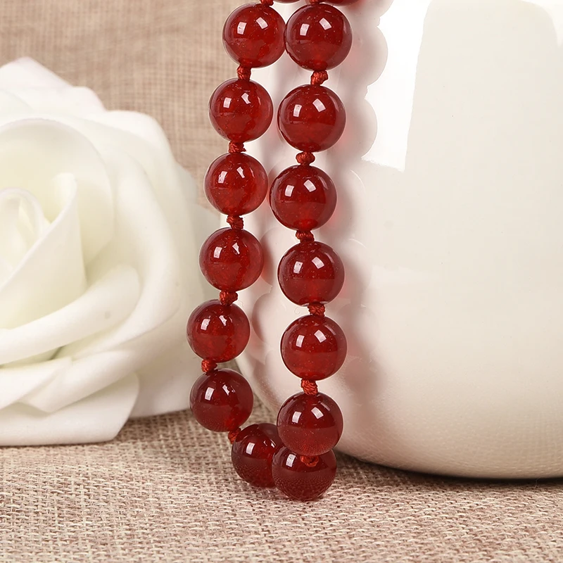 

Red chalcedony round bead necklace 8 mm beads hand knotted 18 inch long fashion necklace women's gift