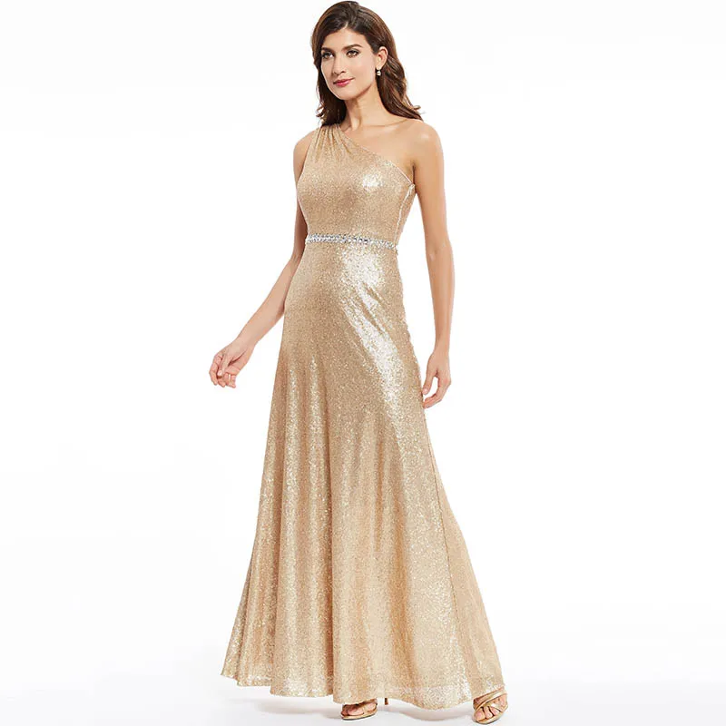 Вечернее платье с блестками Tanpell Золотое Платье на Одно Плечо в пол для