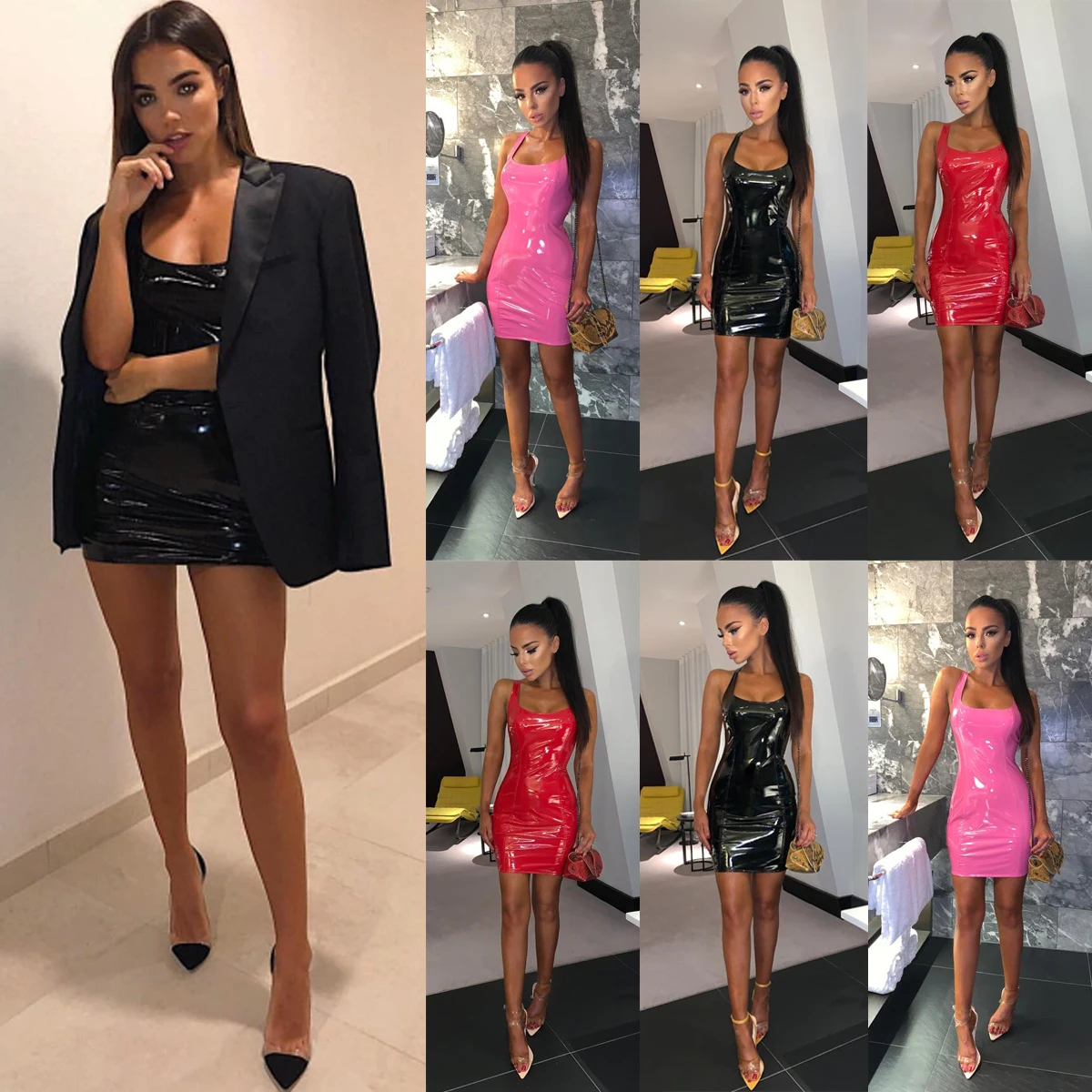 Летнее женское платье Горячая сексуальная искусственная кожа Bodycon Strappy мини-платье Клубная одежда вечернее платье повседневное без рукавов женское Красное Новое