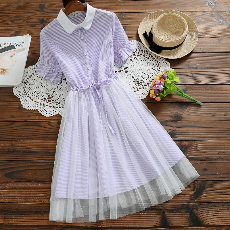 

Preppy Style Summer Women Sweet Dress Turn-Down Collar Stripe Casual Femme Elbise Short Sleeve Blue Purple Mesh Elegant Dresses