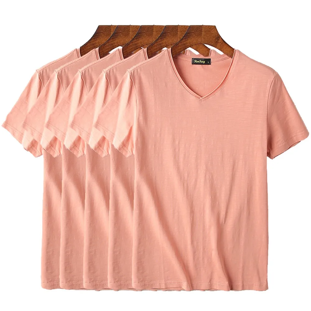 V-neck orange Упаковка из 5 штук в партии, Прямая, Футболка мужская летняя 95% бамбуковая хлопковая Однотонная футболка мужская повседневная футболка мужские рубашки с коротким рукавом - Цвет: V-neck orange