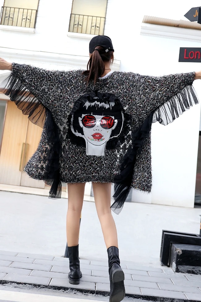 girl 2018 autumn and winter Thailand tide brand back beauty sweater ruffled bat sleeve large size long women Large |