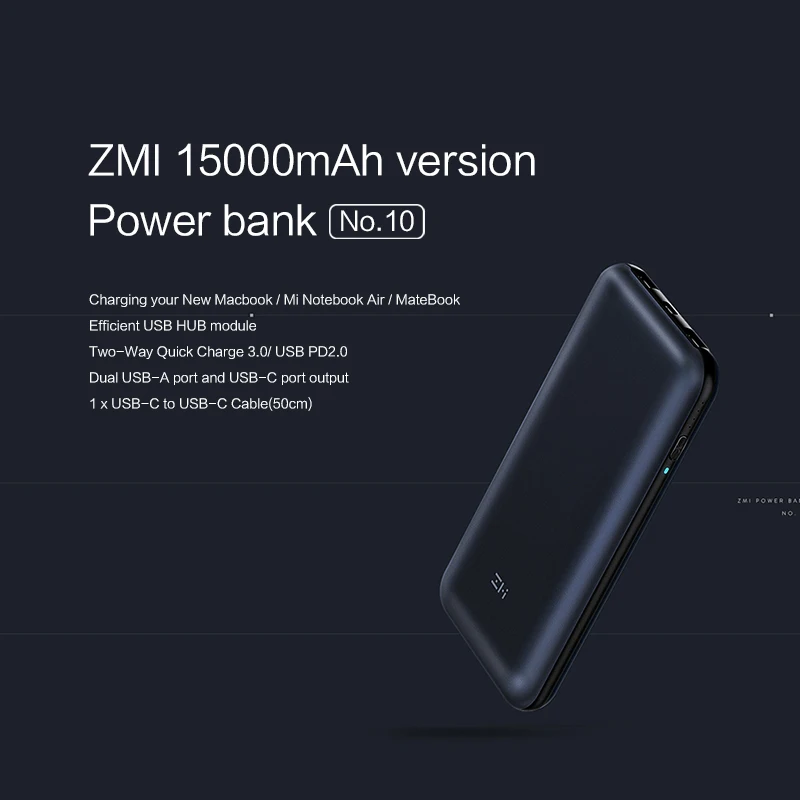 Внешний аккумулятор Xiaomi ZMI 15000 мАч USB PD 2 0 быстрая зарядка 3 с разъемом Type-C для