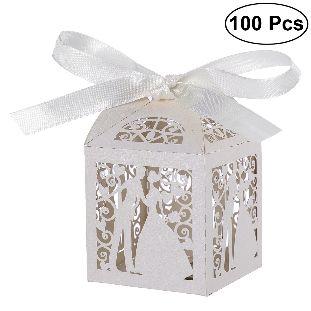 

100pcs Couple Design Luxury Lase Cut Wedding Sweets Candy Gift Favour Boxes with Ribbon Table Decorations A20
