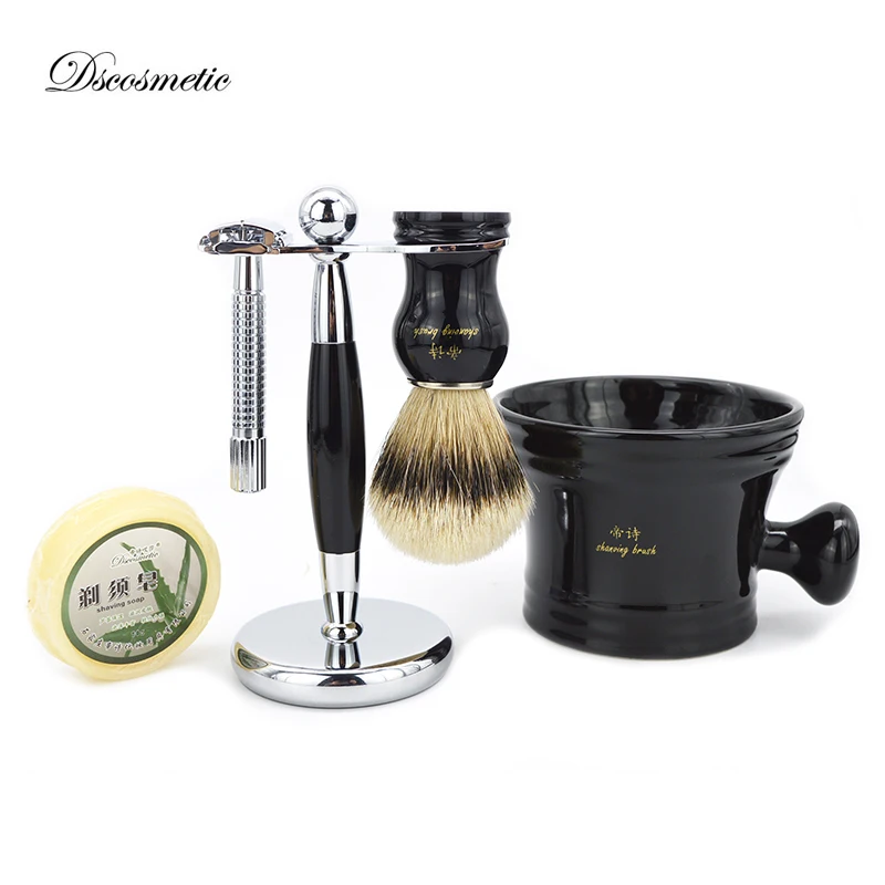 DS 5pcs Shaving brush set silvertip badger hair brush safety razor razor stand shaving mugs shaving soap shave barber tools