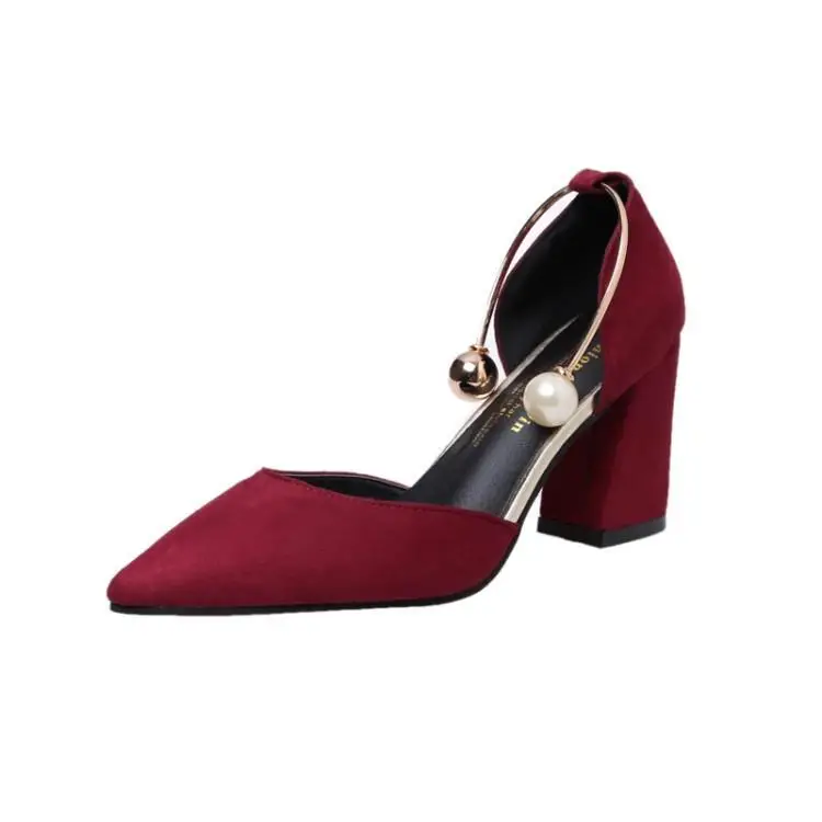 Elegant Red Pink Black White Suede High Heels Shoes Woman Pointed Toe Square Heel Chic Metal Pearl Buckle Ladies Pumps Wedding | Обувь